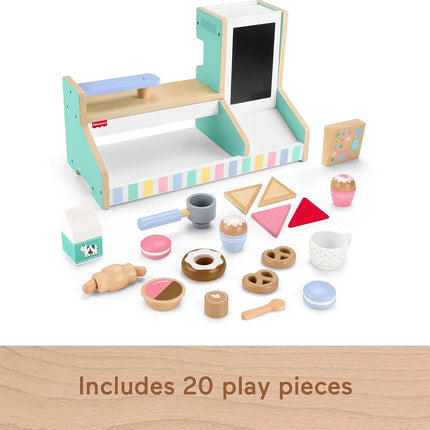 Fisher-Price Pretend Playset Wooden Coffee Shop with Toy Register, 20 Wood Pieces for Preschool Kids Ages 3+ Years