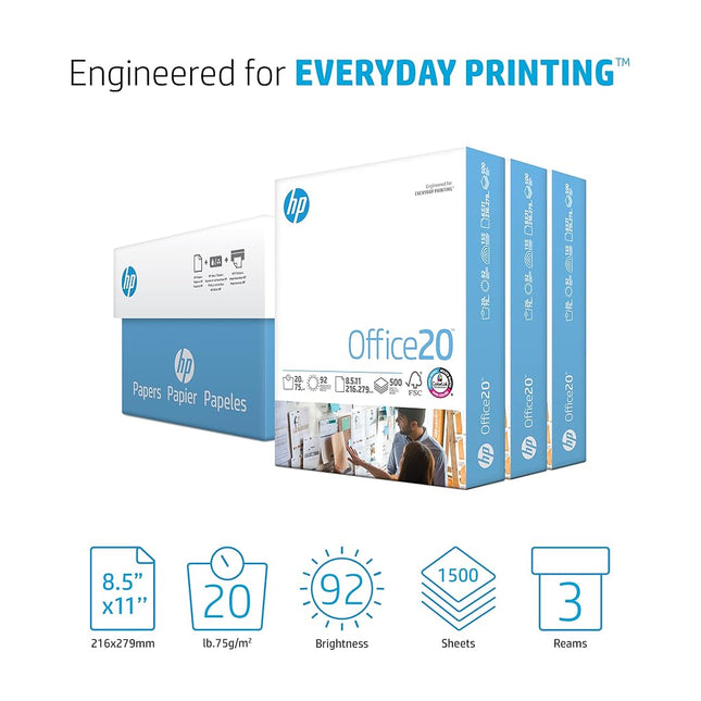 HP Paper, Office Ultra White Poly Wrap, 20lb, 8.5 x 11, Letter, 92 Bright, 1500 Sheets / 3 Ream Case, (112090), Made in The USA