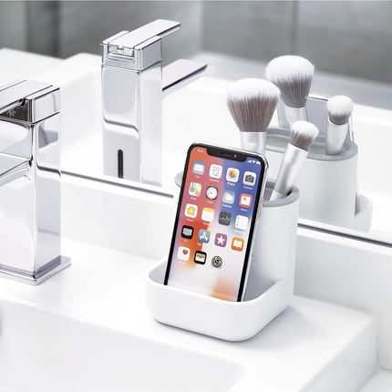 iDesign 28552 Toothbrush Holder, Compact Plastic Make-up Organiser with 3 Compartments, Sturdy Sink Caddy for Make-up Brushes and Bathroom Accessories, White and Grey, 10.4 x 10.0 x 10.2 cm