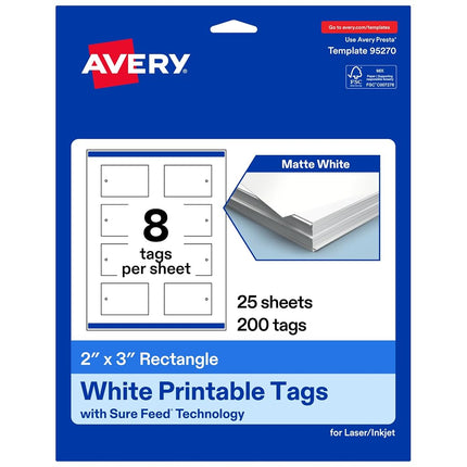 Avery Printable Rectangle Tags with Strings with Sure Feed Technology, 2" x 3", Matte White Cardstock, Print-to-The-Edge, Laser/Inkjet Tags, 200 Total