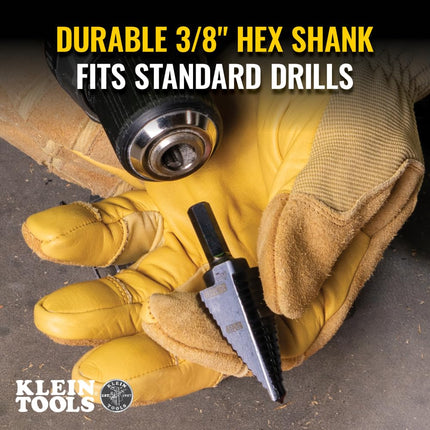 Klein Tools KTSB11 Broca escalonada 11 doble ranura de 7/8 a 1-1/8 pulgadas con marcas y objetivos fáciles de leer, vástago hexagonal de 3/8 pulgadas, negra