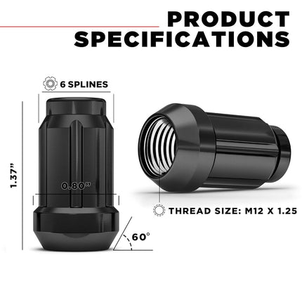 White Knight 3806BK-20AM Black Chrome M12x1.25 Spline Lug Nut with Key, 20 Pack