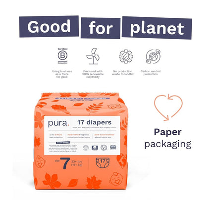 Pura Size 7 Eco-Friendly Diapers (33+lbs) Hypoallergenic, TCF, Soft Organic Cotton, Sustainable, up to 12 Hours Leak Protection, Allergy UK, Recyclable Paper Packaging, 6 Packs of 17 (102 Diapers)