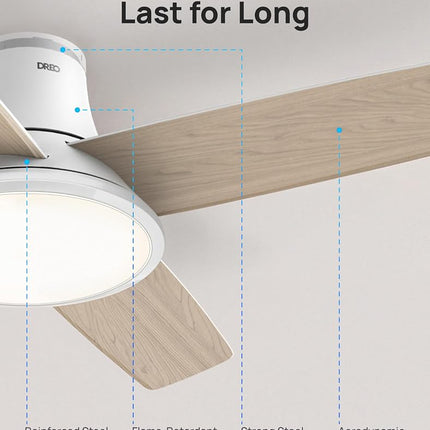 Dreo Ceiling Fans with Lights, 12 Speeds & 3 Fan Modes, Quiet DC Motor, Low Profile Easy to Install, Flush Mount Smart Ceiling Fan with Dimmable LED, 12H Timer for Bedroom, Remote, White, 44''