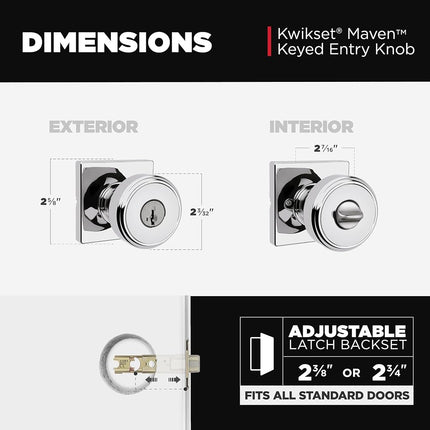 Kwikset Maven Entry Door Knob with Lock and Key, Secure Keyed Handle Exterior, Square Front Entrance and Bedroom, Polished Chrome, Pick Resistant SmartKey Rekey Security and Microban