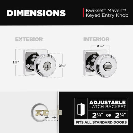 Kwikset Maven Entry Door Knob with Lock and Key, Secure Keyed Handle Exterior, Square Front Entrance and Bedroom, Polished Chrome, Pick Resistant SmartKey Rekey Security and Microban