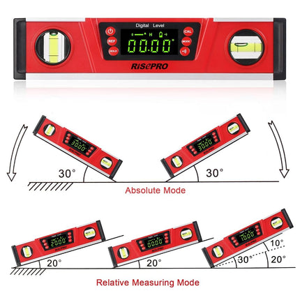 RISEPRO 10-Inch Digital Torpedo Level and Protractor IP54 Protected Electronic Bubble Inclinometer, Angle Finder, Gauge w/Large VA Display & V-Groove Base DL135N