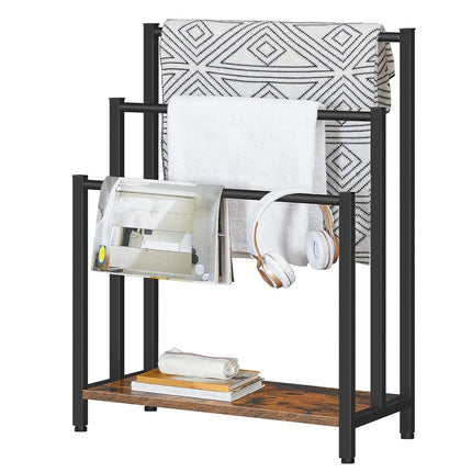 HOOBRO Free Standing Towel Rack, 3 Tier Blanket Rack, Blanket Holder for Bathroom, 23.6" L x 11" W x 31.9" H, Industrial Metal Drying and Display Rack with Shelf, Rustic Brown and Black BF06LB01