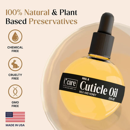 Aceite para cutículas C CARE para uñas - Aceite de leche y miel para uñas - Repara, hidrata y fortalece uñas y cutículas durante la noche - Incluye gotero y pincel - Botella grande de 2.5 oz