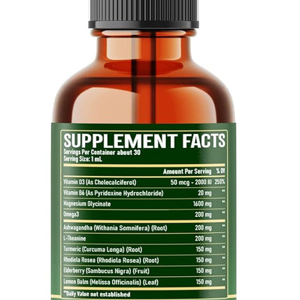10in1 Magnesium Glycinate Liquid Drop with Omega-3, Vitamin D3, Vitamin B6, Ashwagandha, L-Theanine, Turmeric, Rhodiola Rosea, Elderberry, Lemon Balm - 1 FL Oz - 30 Days Supply