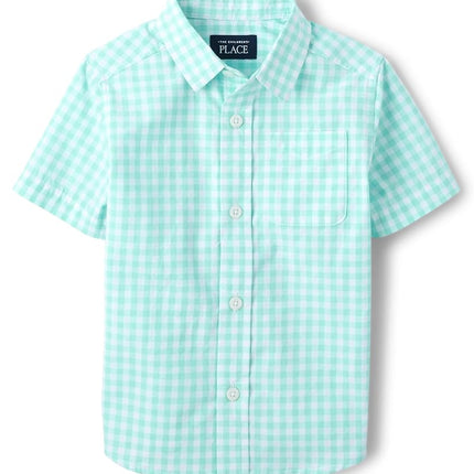 Chemise boutonnée à manches courtes The Children's Place pour grands garçons, Aqua Ging, 6-9 mois