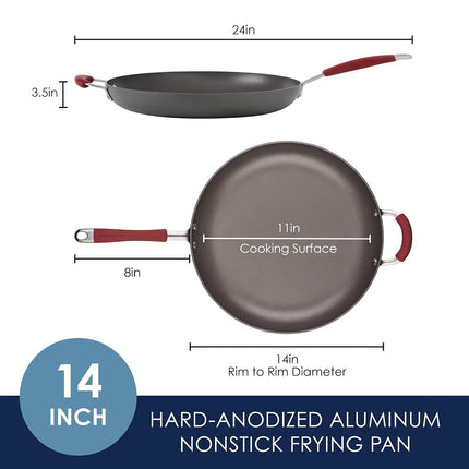 Sartén antiadherente Rachael Ray Cucina de aluminio anodizado de 14 pulgadas con mango auxiliar, gris con mangos rojo arándano