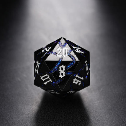 Metal Dice for DND - Ancient Cracked - Black Blue Glitter Cracks