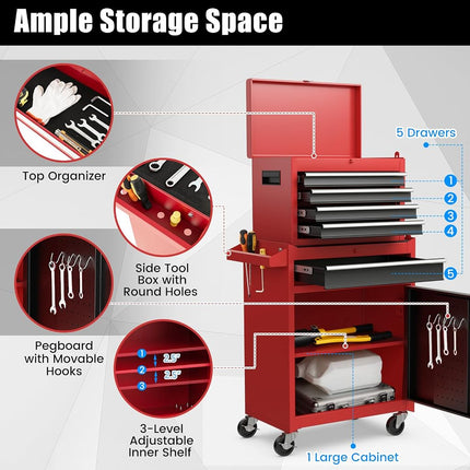 Goplus Tool Chest, 5-Drawer Rolling Cabinet with Detachable Top Toolbox, Lockable Wheels, Lock Bar, Protective Liner & Tool Rack, Metal Storage Cart for Garage Workshop