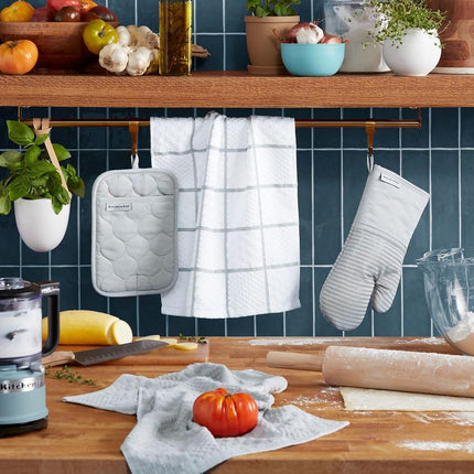 KITCHENAID Quilted Cotton Terry Cloth Oven Mitt, Pot Holder, Kitchen Towel 4-Pack Set, Heat Resistant, Silicone Grip, Gift Set, Matte Grey, 16"x26", 7"x13" & 7"x10"