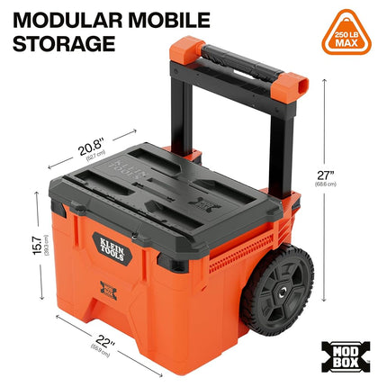 Klein Tools 54100MBX MODbox Rolling Tool Box, Heavy Duty Portable Tool Organizer with Side Mounting, 10-Inch Rubber Wheels, Removable Handle, Deep Stackable Set