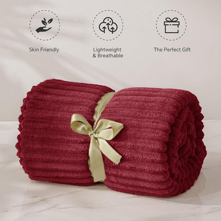 BEDELITE Ribbed Jacquard Burgundy Fleece Twin Blanket for Couch, 60x80 Inch