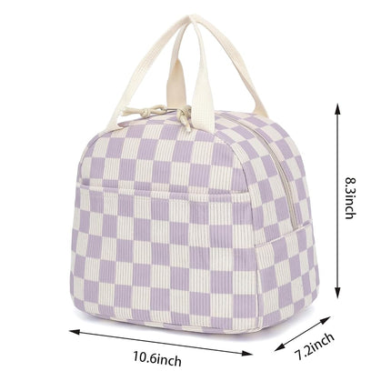 Corduroy Lunch Box for Women Girls, Cooler Lunch Bags Reusable Insulated Lunchbox for Picnic School Work Travel (Checkered Purple)