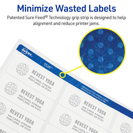Avery Waterproof Printable Address Labels with Sure Feed, 1" x 2-5/8", White, 1,500 Blank Mailing Labels (5520)