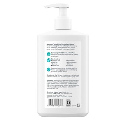 Neutrogena Ultra Gentle Daily Facial Cleansing for Sensitive Skin, Oil-Free, Soap-Free, Hypoallergenic and Non-Comedogenic Foaming Face Wash for Removing Dirt, Makeup and Impurities, 450 ml