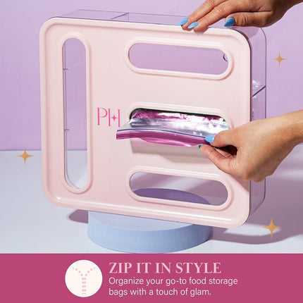 Paris Hilton 4-Slot Storage Bag Organizer, Multipurpose Kitchen Drawer and Wall-Mounted Organizer for Gallon, Quart, Sandwich and Snack Bags, Pink