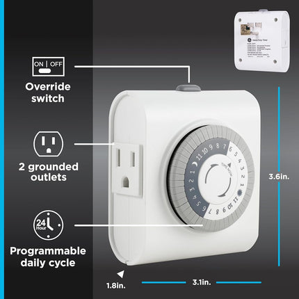 GE 24-Hour Heavy Duty Indoor Plug-in Mechanical Timer 2 Pack, 30 Minute Intervals, Daily On/Off Cycle, for Lamps, Seasonal Lighting, Holiday Decorations, 46211, Grounded 2-Outlet | Gray/White, 2 Count