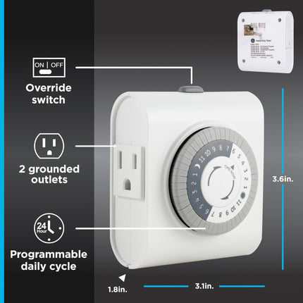 GE 24-Hour Heavy Duty Indoor Plug-in Mechanical, 2 Grounded, 30 Minute Intervals, Daily On/Off Cycle, Outlet Timer, Seasonal, Christmas Tree Lights and Holiday Decorations, 3 Pack-66404, White, 3 Pack