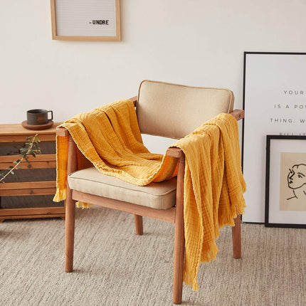 Simple&Opulence Plaid en mousseline de coton pour lit, canapé, couverture tissée en gaze avec pompons, douce, légère, confortable, prélavée, respirante, décoration de ferme pour toutes les saisons (jaune)