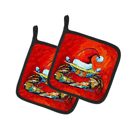 Caroline's Treasures Crab Hat Santa Claws Pair of Pot Holders MW1169PTHD, Fabric, Multicolor