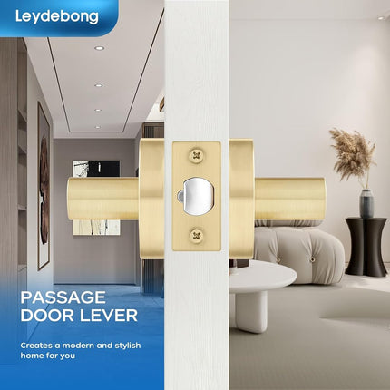 Leydebong 1 Pack Passage Lever Door Handle [Non-Locking Lever] for Hallway Doors or Closets with a Satin Brass Finish, Reversible for Right & Left Side