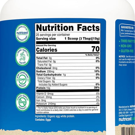 Nutricost Organic Egg White Protein Powder (1LB) 25 Servings Per Container - GMO-Free, Gluten-Free