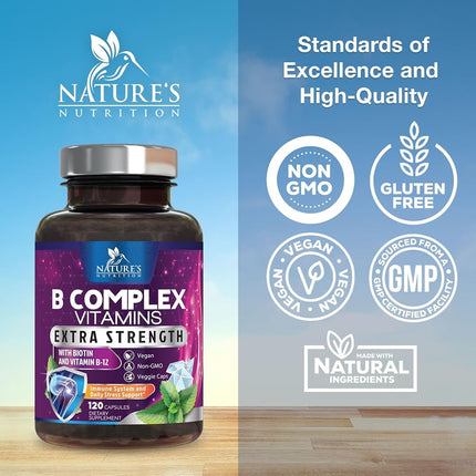 Vitamin B Complex - All B Vitamins Including B12, B1, B2, B3, B5, B6, B7, B9, Folic Acid - Natural Energy Support - High Absorption Vitamin B Supplement - 120 Capsules