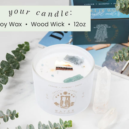Pisces, Cancer, Scorpio Gifts for Women - 340g Wood Wick Candles that Crackle with Crystals and Healing Stones. Healing Crystal Candles for Women Home Scented. Soy Wax, for Zodiac Birthdate