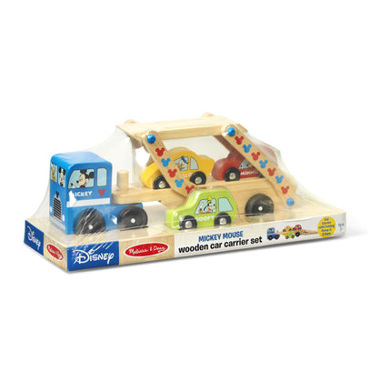 Melissa & Doug Camión de transporte de coches de madera Mickey Mouse y juego de coches con 1 camión y 3 coches