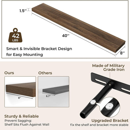 RICHFOCUS 40Inch Floating Shelves for Wall 2 Pack Shelves for Bedroom|Kitchen|Bathroom Wall Mounted Rustic Wood Floating Shelf with Invisible Brackets for Books|Storage|Decor, Walnut