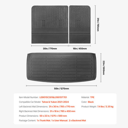 VEVOR Cargo Mats Compatible Chevrolet Tahoe & GMC Yukon 2021-2024, Custom Fit TPE Cargo Liner Set for SUVs, Trunk and Rear Back Seat Protector Replacement, Trunk Mat and Backrest Mats