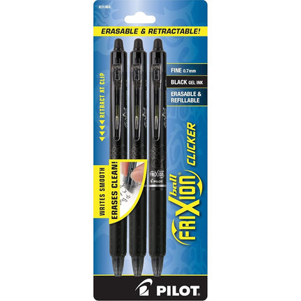 Pilot FriXion Clicker Retractable Erasable Gel Pens Fine Point (.7) Black Ink 3-pk; Make Mistakes Disappear, No Need For White Out. Smooth Lines to the End of Page, America’s #1 Selling Pen Brand