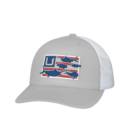 Casquette de Pêche Enfant HUK Youth Trucker, Anti-Reflets, Taille Unique, Motif Trophy Flag-Harbor Mist
