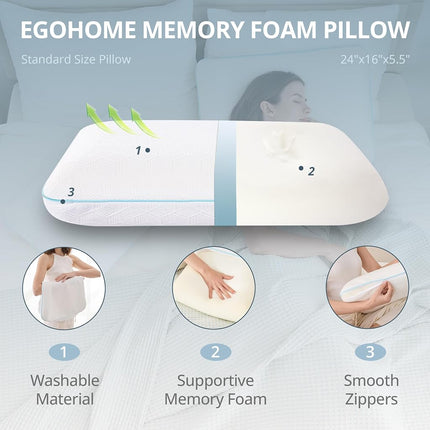 EGOHOME Memory Foam Pillow for Sleeping Queen Size, Medium Soft Bed Pillow with Washable Removable Cover for Back, Stomach,Side Sleepers White 16" x 24"