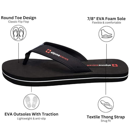 alpine swiss Mens Flip Flops Beach Sandals EVA Sole Comfort Thongs Obsidian Black 13 M US