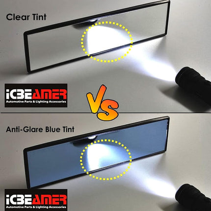ICBEAMER 14.2" Car Rear View Mirror, HD Blue Tint, Panoramic Wide Angle Flat Surface, 2 Interior Retractable Rubber Clips, Anti Glare, Automotive Accessories Universal for Truck, Car, SUV, 1 Pack