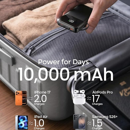 Power Bank, 15000mAh Portable Charger with Built in Cable, 22.5W Fast Charging, 6 Outputs, Slim Travel Essential Battery Pack with LED Display, Compatible with iPhone 17/16/15/14/13, iPad Black