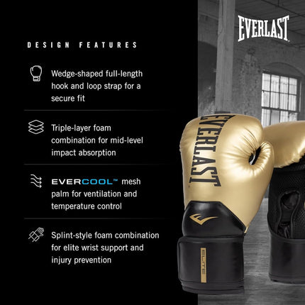 Everlast Elite 2 14oz Boxing Gloves, Gold/Black Boxing Gloves for Bags, Mitt Work & Sparring, Hook and Loop Strap, Ergonomic Grip Bar, Split-Style Foam Combination - Authentic Everlast Gear