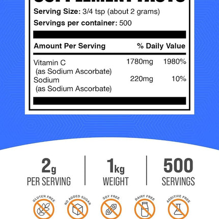 BulkSupplements.com Sodium Ascorbate Powder - for Immune Support, Sodium Ascorbate Vitamin C - Buffered Vitamin C, Gluten Free, 2000mg per Serving, 1kg (2.2 lbs) (Pack of 1)