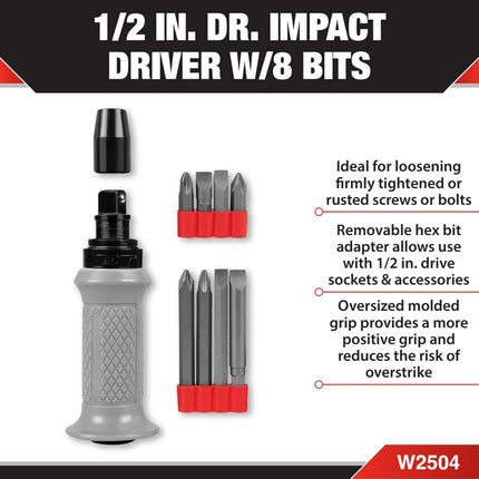 Performance Tool W2504 1/2-Inch Manual Reversible Impact Driver - Flathead 5/16 & 3/8 & Phillips #2 & #3 Bits for Most Common Applications - Disengage Brake Caliper Screws, Rusted Fasteners or Frozen