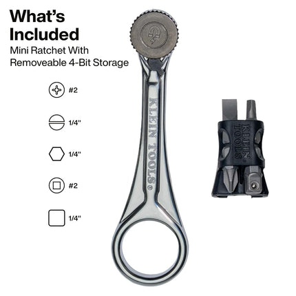 Klein Tools 65200MAG Slim-Profile Magnetic Mini Ratchet, 90-Tooth Ratchet Screwdriver Set with 1/4-Inch Nut Driver, 4 Bit Storage, Includes Phillips, Slotted, Square, and Nut Driver Adapter