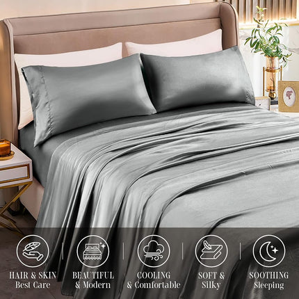Parure de lit 4 pièces luxueuse en satin soyeux, élégante et confortable, douce pour la peau et les cheveux, infroissable, résistante à la décoloration et aux taches avec drap-housse à poches profondes, fraîche et douce, en satin, Gris, Lit simple