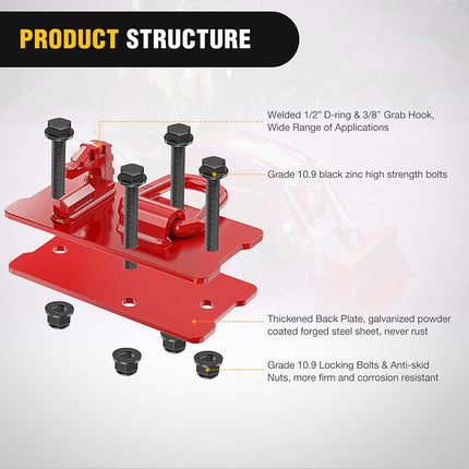 Nilight 2PCS Tractor Bucket Hooks with Tie Down Ring, Grade 70 Grade Forged Steel Bolt-On Grab Hook with Back Plates for Tractor Bucket RV UTV Truck MBS 15000 lbs, Red, 2 Years Warranty