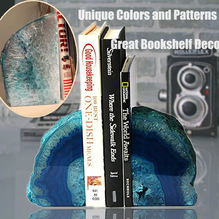 AMOYSTONE Decorative Bookends Agate Polished Art Book end Dyed Teal Small(1 Pairs, 2-3 LBS)