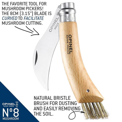 Opinel No. 08 Mushroom Knife – Pick + Clean Mushrooms, Beechwood Handle, Integrated Brush, Curved Sandvik Steel Blade, Made in France